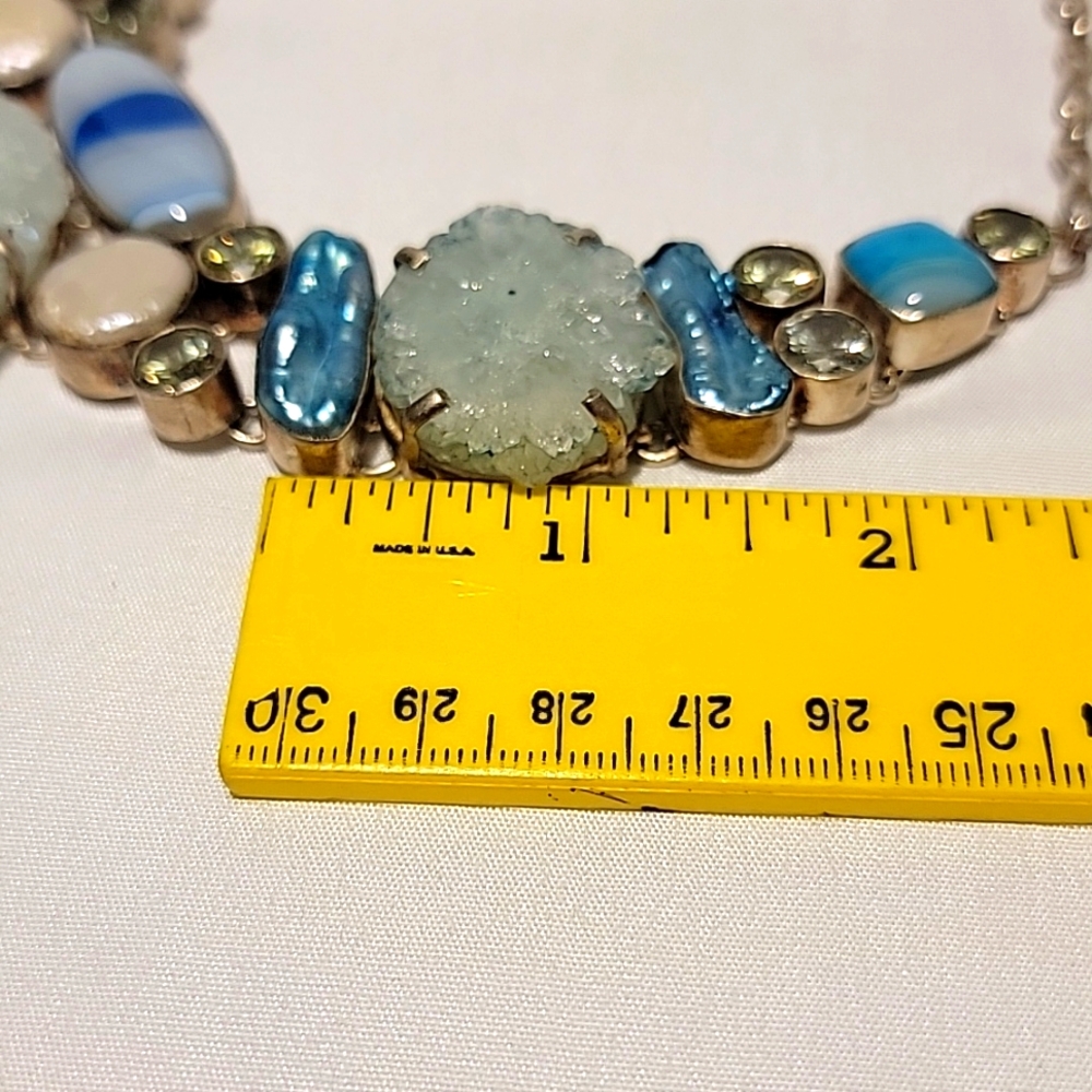 Vintage Sterling Silver Light Blue Solar Quartz Multi Gemstone Necklace View 6